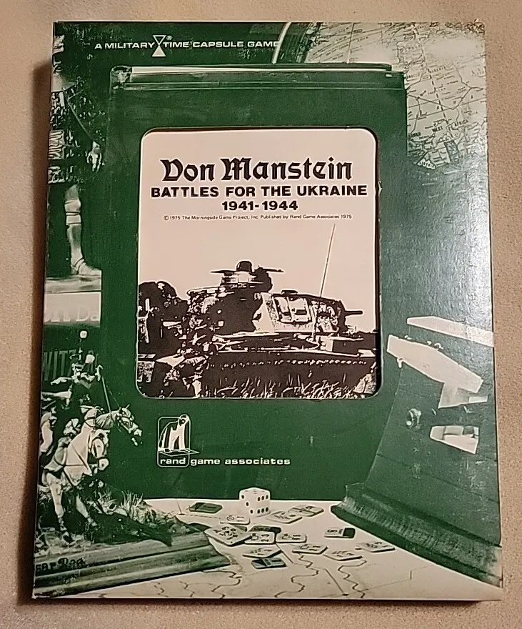 A photo of the board game "Don Manstein: Battles for the Ukraine 1941-1944," published by Rand Game Associates in 1975, with images of tanks, soldiers, dice, and game pieces.