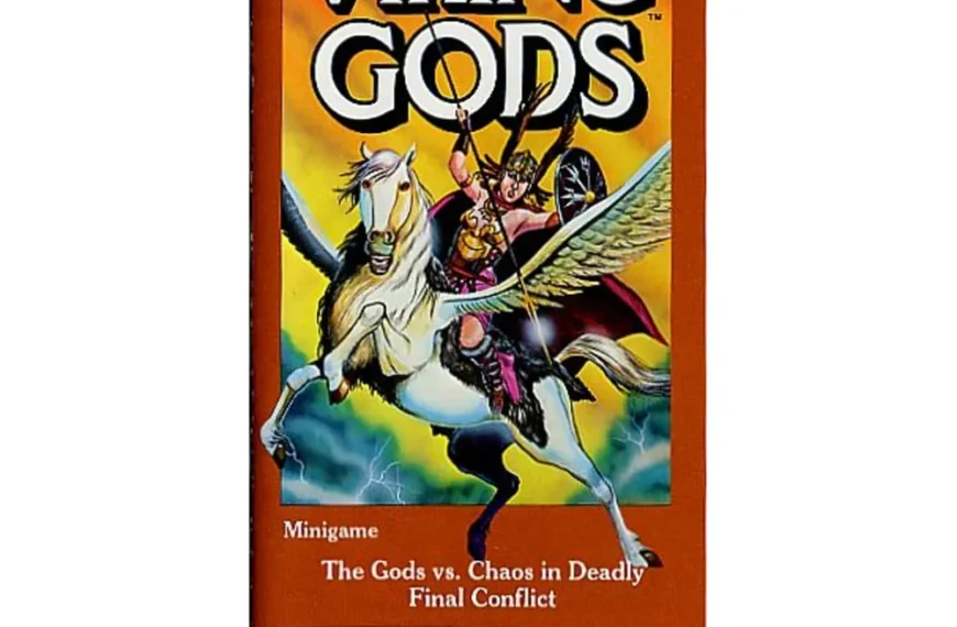 An image of the board game "Viking Gods" by TSR. The cover artwork features a warrior riding a winged horse, with the title "Viking Gods" prominently displayed at the top. The bottom indicates it's a minigame for 2 players, ages 8 and up, with the tagline "The Gods vs. Chaos in Deadly Final Conflict". The TSR logo is visible in the lower left corner.