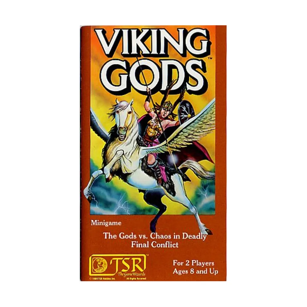 An image of the board game "Viking Gods" by TSR. The cover artwork features a warrior riding a winged horse, with the title "Viking Gods" prominently displayed at the top. The bottom indicates it's a minigame for 2 players, ages 8 and up, with the tagline "The Gods vs. Chaos in Deadly Final Conflict". The TSR logo is visible in the lower left corner.