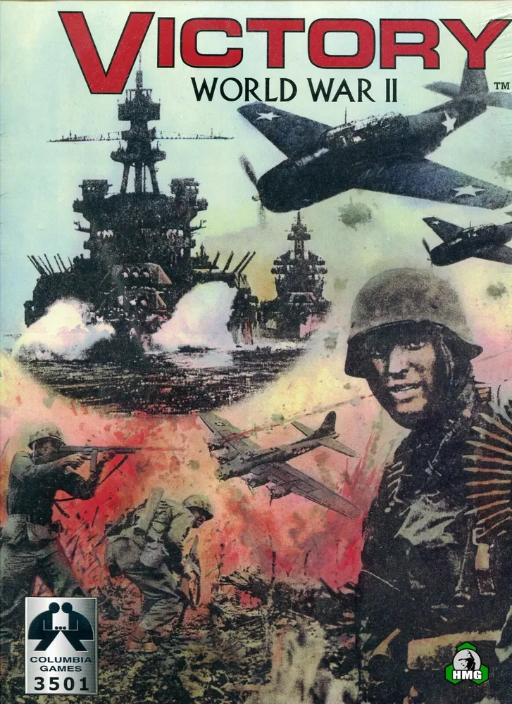 Alt text: The cover of "VICTORY World War II" board game displaying a collage of combat-themed images, including soldiers in action, warplanes in flight, and naval ships with large guns, set against a backdrop of fiery explosions and smoke. The logo of Columbia Games and an item number, 3501, are in the bottom left corner, with the HMG logo in the bottom right corner.