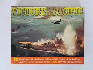 Board game cover titled "VICTORY IN THE PACIFIC" depicting WWII battle scene with warplanes and explosions over ocean waters.