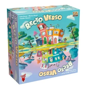 The image displays a board game box titled "Recto Verso" by inka brand - Markus Brand | Camille Chaussy, from TIKI Editions. The artwork features a whimsical, colorful town with buildings and trees, with upside-down and right-side-up perspectives blending together.