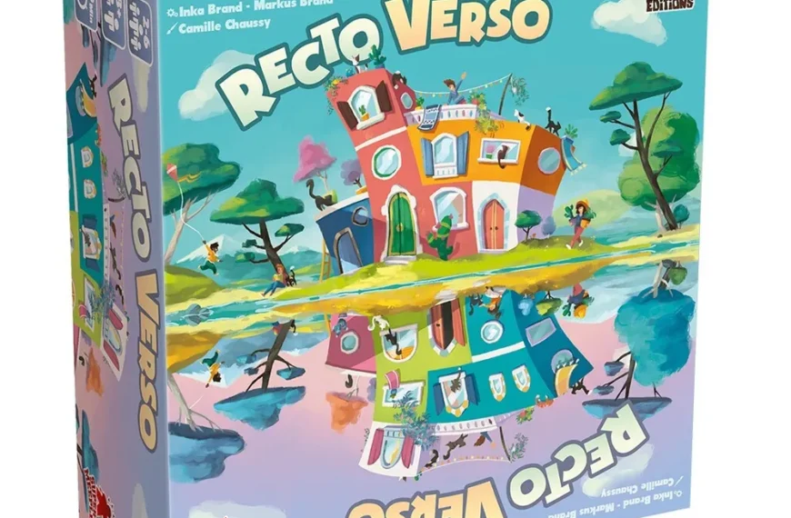 The image displays a board game box titled "Recto Verso" by inka brand - Markus Brand | Camille Chaussy, from TIKI Editions. The artwork features a whimsical, colorful town with buildings and trees, with upside-down and right-side-up perspectives blending together.
