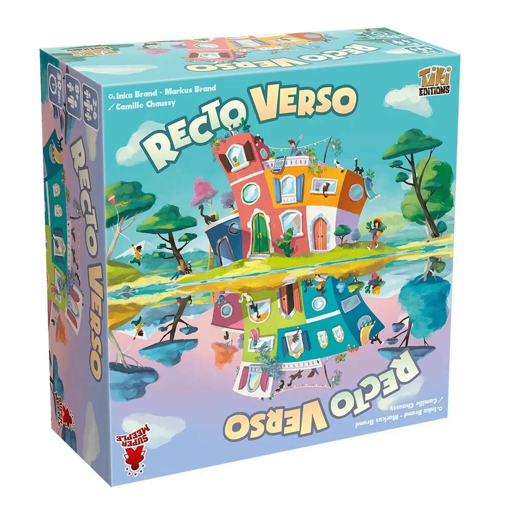 The image displays a board game box titled "Recto Verso" by inka brand - Markus Brand | Camille Chaussy, from TIKI Editions. The artwork features a whimsical, colorful town with buildings and trees, with upside-down and right-side-up perspectives blending together.