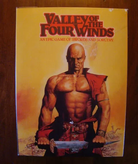 Box cover for "Valley of the Four Winds" board game featuring a muscular fantasy warrior in red garments with a sword resting in front of him against an orange background.