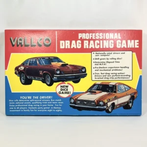 Vintage VALCO Professional Drag Racing Game box cover featuring illustrations of two classic race cars with descriptive text and bullet points highlighting game features.