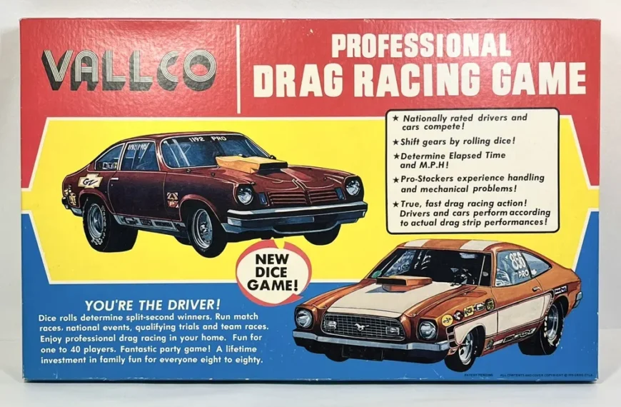 Vintage VALCO Professional Drag Racing Game box cover featuring illustrations of two classic race cars with descriptive text and bullet points highlighting game features.