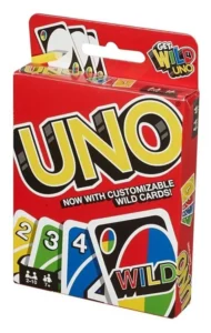 Box of UNO playing cards game with "Get Wild UNO" promotional text, indicating the inclusion of customizable wild cards.