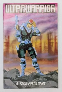 An illustration of a futuristic soldier in full body armor with a robotic exoskeleton standing on a rocky terrain, saluting with the text "ULTRAWARRIOR" above and "A TASK FORCE GAME" below.