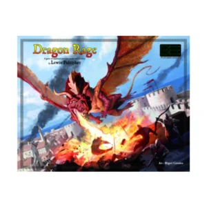 This is an image of a board game cover titled "Dragon Rage" by Lewis Pulsipher, featuring artwork by Miguel Coimbra. The illustration shows a large red dragon with expanded wings breathing fire towards a medieval town below, where armored soldiers appear to be defending against the attack.