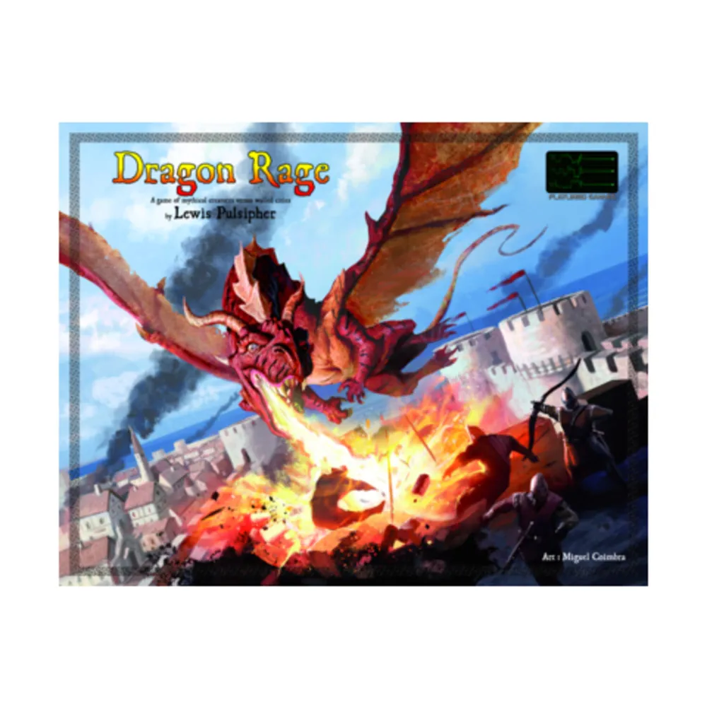 This is an image of a board game cover titled "Dragon Rage" by Lewis Pulsipher, featuring artwork by Miguel Coimbra. The illustration shows a large red dragon with expanded wings breathing fire towards a medieval town below, where armored soldiers appear to be defending against the attack.