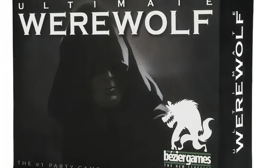 Box for "Ultimate Werewolf" board game by Bezier Games, stating it is the number one party game for up to 30 players, with an image of a silhouette of a werewolf and a hooded person on the cover.