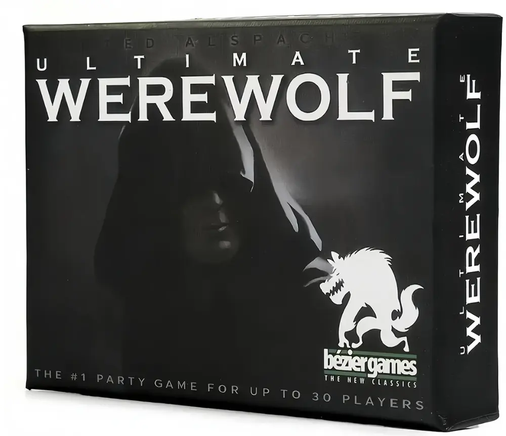 Box for "Ultimate Werewolf" board game by Bezier Games, stating it is the number one party game for up to 30 players, with an image of a silhouette of a werewolf and a hooded person on the cover.
