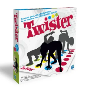 A boxed Twister board game with an illustration showing silhouettes of two people playing, twisting their arms and legs on the colored dots. Text indicates "The classic game, with 2 MORE MOVES!" and "AGE 6+", as well as branding and manufacturer logos.