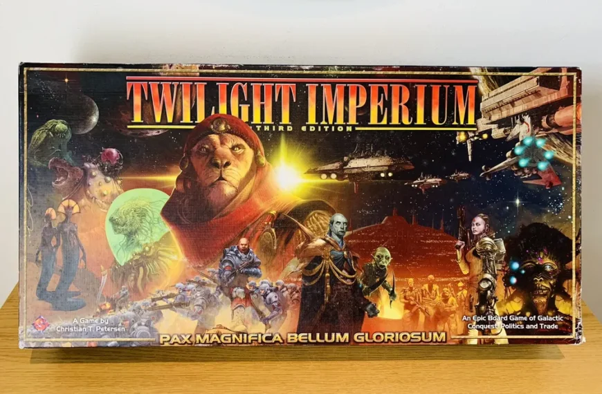 A board game box for "Twilight Imperium Third Edition" featuring a collage of various alien species, space ships, and distant planets, with the tagline "PAX MAGNIFICA BELLUM GLORIOSUM" below the title.