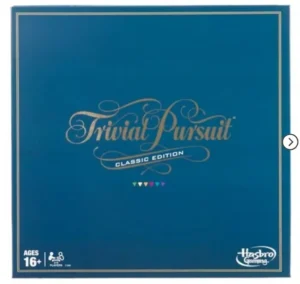 The image shows the cover of a Trivial Pursuit Classic Edition game box by Hasbro Gaming, recommended for ages 16 and up.