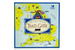 Board game cover titled "The Great British Train Game" with a colorful map of the UK and Ireland, iconic landmarks, and a central logo featuring a train and the Union Jack, published by Reader's Digest.