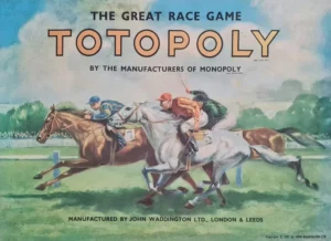 Vintage advertisement poster for "The Great Race Game Totopoly" with an illustration of jockeys on racing horses and text stating it is by the manufacturers of Monopoly, and made by John Waddington LTD, London & Leeds, dated 1949.