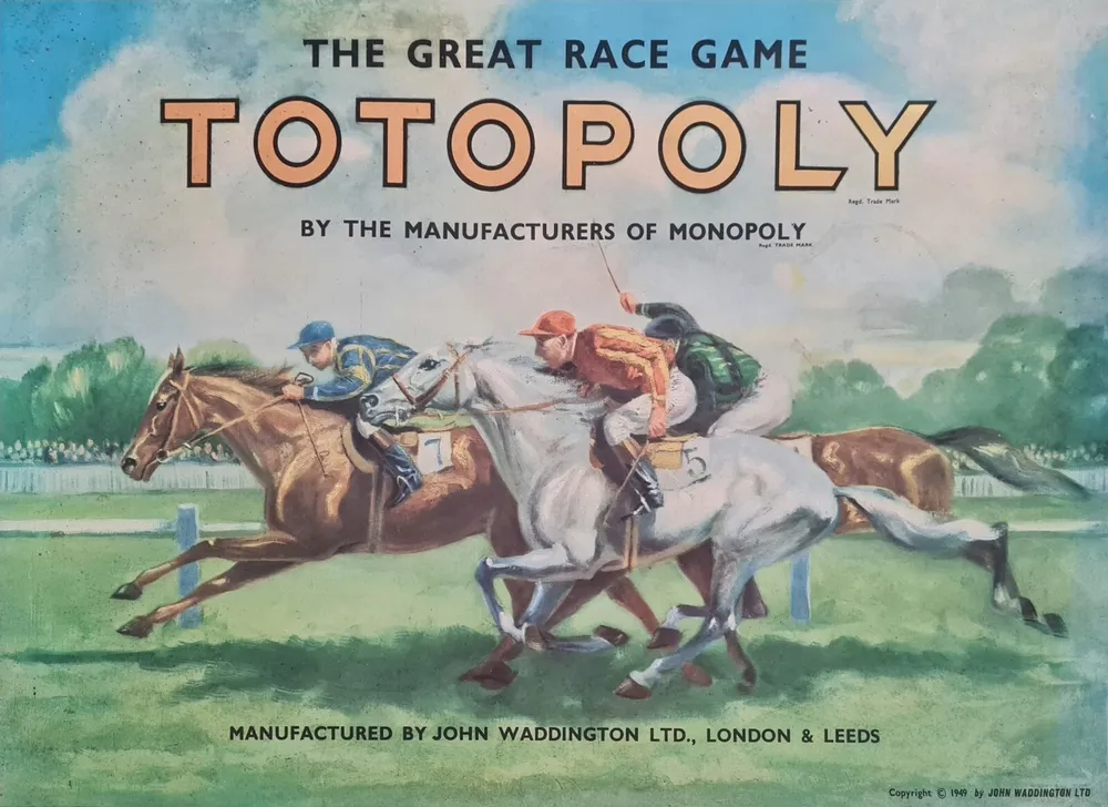 Vintage advertisement poster for "The Great Race Game Totopoly" with an illustration of jockeys on racing horses and text stating it is by the manufacturers of Monopoly, and made by John Waddington LTD, London & Leeds, dated 1949.