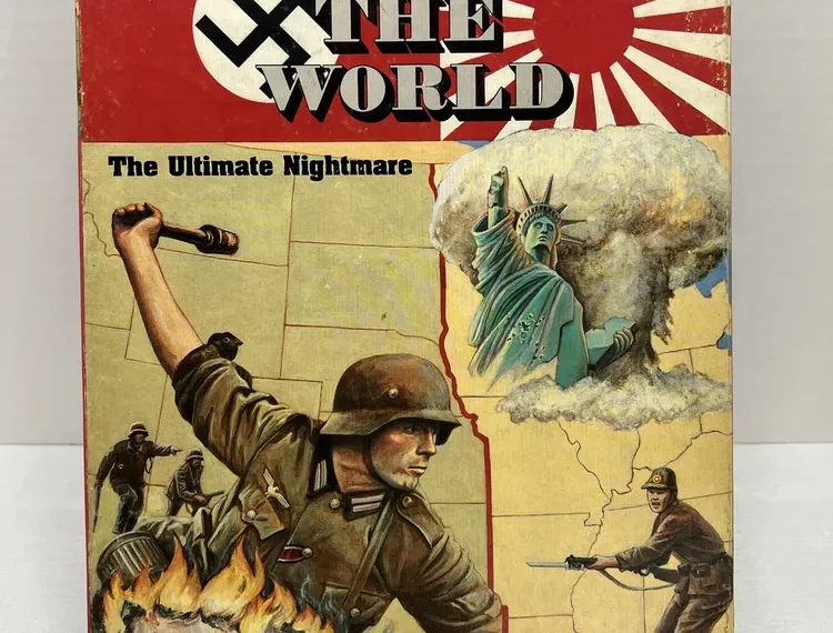 A book cover titled "TOMORROW THE WORLD" with imagery of a military figure in front, flames, and the Statue of Liberty surrounded by clouds in the background, overlaid on a map with a rising sun motif and the words "The Ultimate Nightmare" beneath the title.