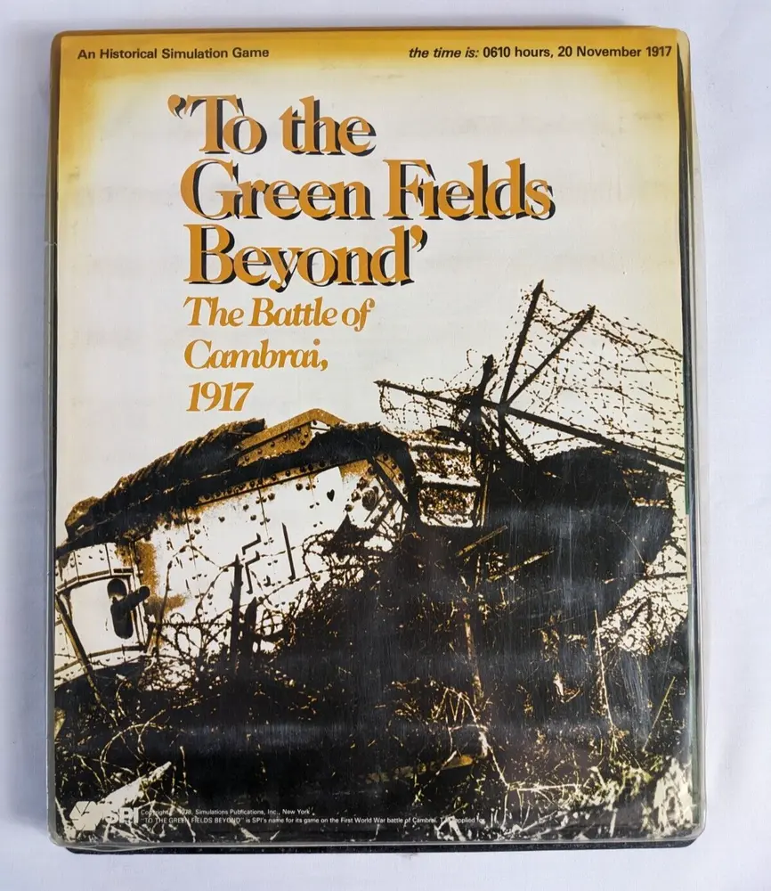 Box cover of "To the Green Fields Beyond" historical simulation game depicting a damaged tank in a battlefield setting, with text detailing the Battle of Cambrai, 1917.