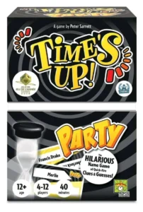 Box cover of the "Time's Up! Party" game by Peter Sarrett, featuring the title, a sand timer graphic, and badges for winning the 'As d'Or - Jeu de l'Année 2006' and 'Diamond' awards. Indicates it's for ages 12+, 4-12 players, and a game duration of 40 minutes.