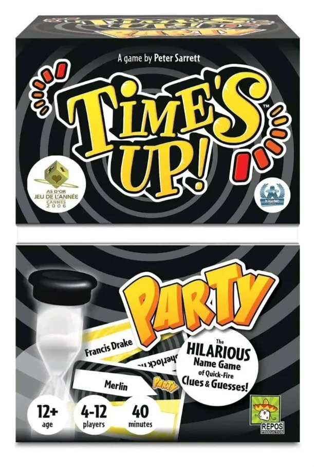 Box cover of the "Time's Up! Party" game by Peter Sarrett, featuring the title, a sand timer graphic, and badges for winning the 'As d'Or - Jeu de l'Année 2006' and 'Diamond' awards. Indicates it's for ages 12+, 4-12 players, and a game duration of 40 minutes.