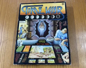 Board game "Time War" on a wooden table, depicting various science fiction scenes including a person in costume, ancient landmarks, and futuristic technology with an emphasis on time travel. The game's title is in large yellow letters at the top.