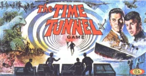 Vintage board game cover art for "The Time Tunnel Game," featuring a swirling time portal with depictions of different eras, including dinosaurs, a sailing ship, and a control room with figures at consoles, along with portraits of two men on the right side.