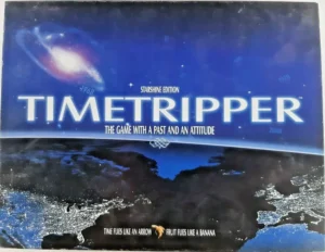 A board game box cover titled "TIMETRIPPER" with the subtitle "THE GAME WITH A PAST AND AN ATTITUDE" displayed in a cosmic space background featuring a galaxy, stars, and a view of Earth from space. Below, two phrases read "TIME FLIES LIKE AN ARROW" and "FRUIT FLIES LIKE A BANANA." The box also has "STARSHINE EDITION" and years "1968" and "2000" printed on it.