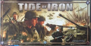 The image shows a board game box titled "Tide of Iron" with artwork featuring soldiers in combat during World War II, tanks, and airplanes engaged in battle. The box indicates that it's a game by John Goodenough with Christian T. Petersen and Corey Konieczka, and designed for tactical combat for 2 to 4 players.