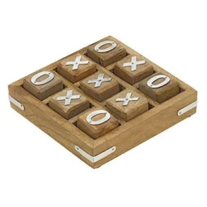 Wooden tic-tac-toe game with X and O pieces in a grid, on a white background.