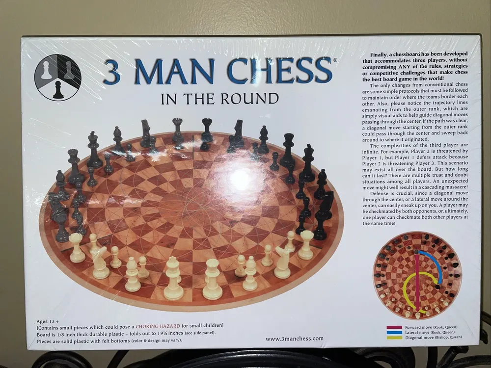 A boxed "3 Man Chess in the Round" board game featuring a three-player circular chessboard with black, white, and red pieces and descriptive text on the rules and complexity of the game.