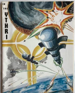An illustration of a science fiction space battle, featuring spaceships with laser beams in combat, explosions, and a large planet in the background, accompanied by the title text "The Ythri" on the left side of the image.