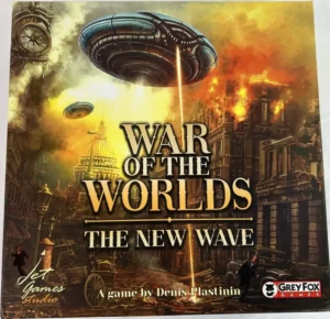 Image of a board game cover titled "WAR OF THE WORLDS: THE NEW WAVE" featuring alien spacecrafts above a burning 19th-century cityscape, with the game's title in large yellow letters across the center.