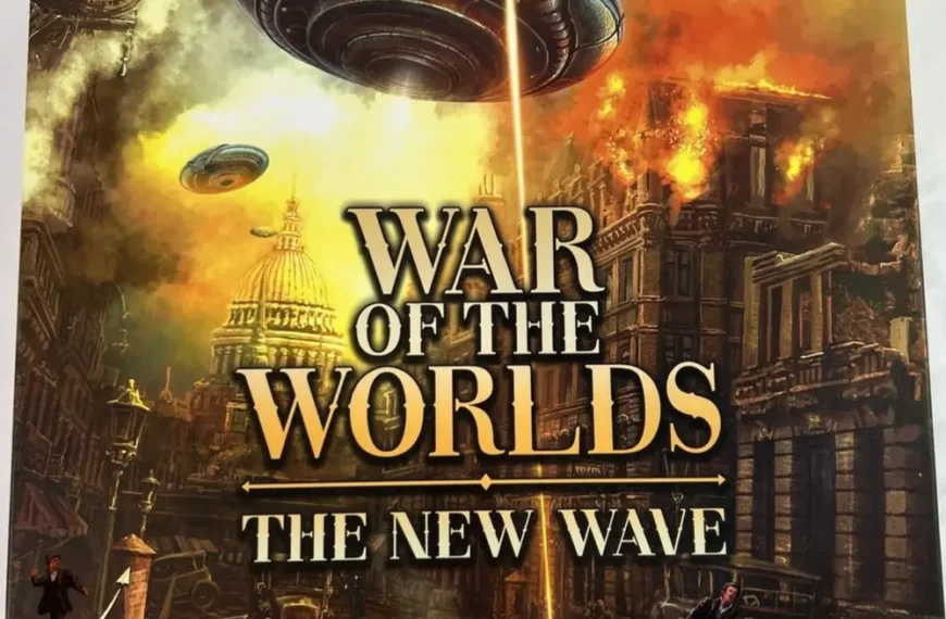 Image of a board game cover titled "WAR OF THE WORLDS: THE NEW WAVE" featuring alien spacecrafts above a burning 19th-century cityscape, with the game's title in large yellow letters across the center.