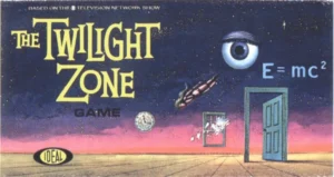 This image shows a cover for "The Twilight Zone Game" by Ideal. The surreal artwork includes an oversized eye in the sky, a floating door, a rocket, a clock face, and the equation "E=mc²" against a desert background with a twilight sky.
