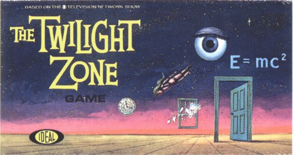 This image shows a cover for "The Twilight Zone Game" by Ideal. The surreal artwork includes an oversized eye in the sky, a floating door, a rocket, a clock face, and the equation "E=mc²" against a desert background with a twilight sky.
