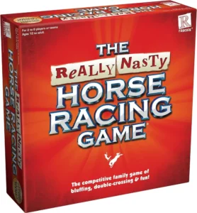 Board game box titled "The Really Nasty Horse Racing Game" for 2 to 6 players, ages 12 to adult, indicating it is a competitive family game of bluffing, double-crossing, and fun.
