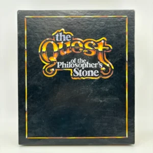 A book titled "The Quest of the Philosopher's Stone" with stylized orange and yellow text on a black background with a border.