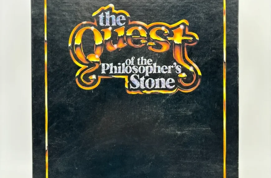 A book titled "The Quest of the Philosopher's Stone" with stylized orange and yellow text on a black background with a border.