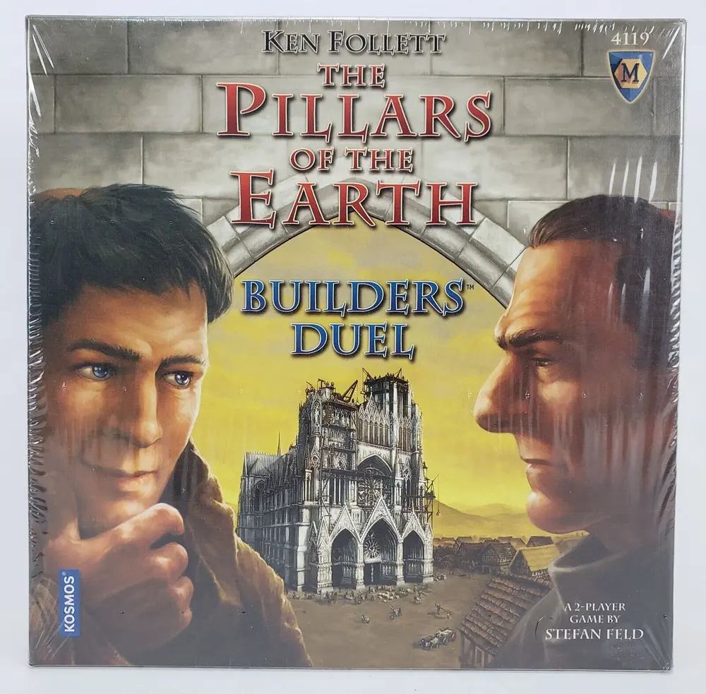 The image shows a board game called "Ken Follett The Pillars of the Earth: Builders Duel", indicating it's a 2-player game by Stefan Feld. The cover art features two male characters on either side and a depiction of a large gothic cathedral being constructed in the center background. The logos for Kosmos and a blue and gold emblem with the letter 'M' are visible in the corners.