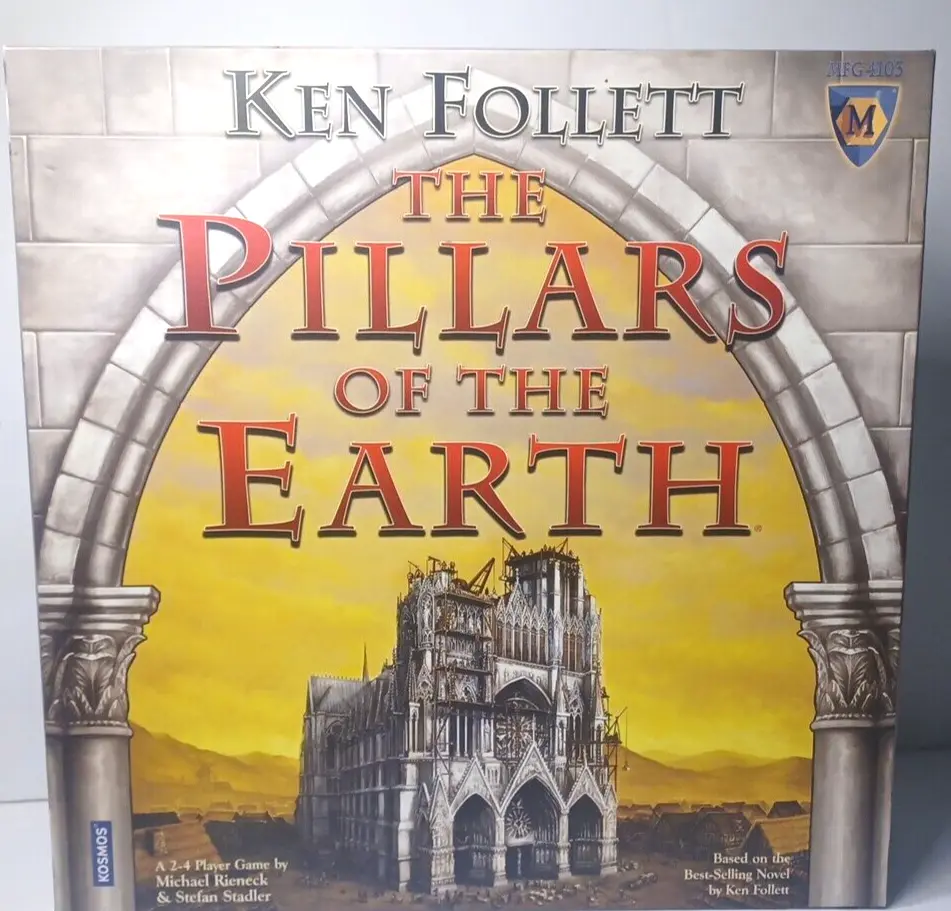 A board game titled "The Pillars of the Earth" by Ken Follett, with a gothic cathedral illustration on the cover, indicating it's for 2-4 players and designed by Michael Rieneck & Stefan Stadler.