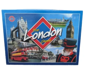 Board game box for "The London Game" featuring iconic London landmarks like Tower Bridge and Big Ben, a red double-decker bus, and part of the London Underground sign, along with an image of a man dressed in a traditional British Beefeater uniform.