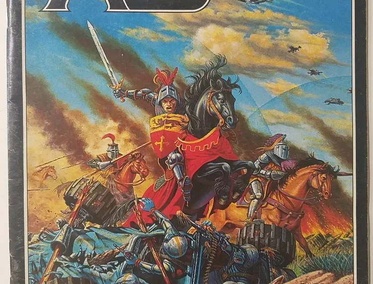 Cover of "Ares" science fiction gaming magazine, number 16, featuring a knight in armor riding a black horse, holding a sword up high, with a futuristic battle involving spaceships in the background. The cover promotes Poul Anderson fiction, Galactic Empires, and Traveller supplements, and is labeled "The High Crusade," a science-fantasy board game.