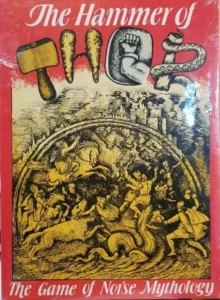 The image is the cover of a board game titled "The Hammer of THOR?" featuring illustrations reminiscent of Norse mythology, with the subtitle "The Game of Norse Mythology" at the bottom. The cover art includes a large hammer, two winged helmets, and a depiction of a serpent with a hand grappling it, all set above an elaborate scene of mythological figures and creatures engaged in battle. The color scheme is primarily red and yellow with black artwork.