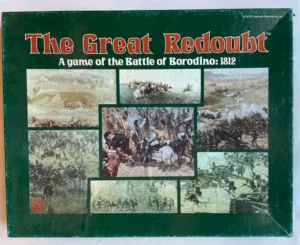 Board game cover titled "The Great Redoubt" featuring artwork of various scenes from the Battle of Borodino, 1812.