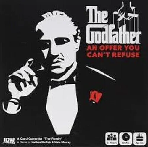 Promotional artwork for "The Godfather" card game, featuring a stylized depiction of The Godfather character with the text "An offer you can't refuse" and game logos at the bottom.
