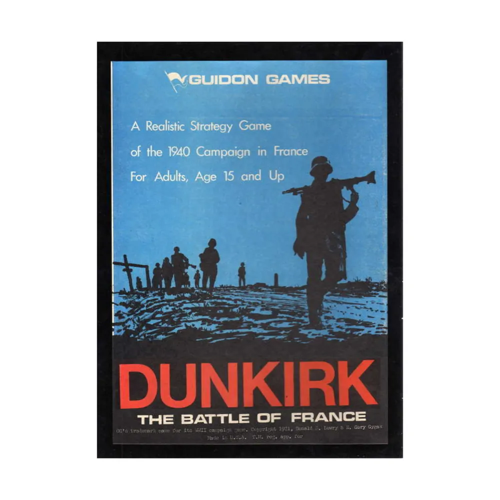 The image shows a board game box cover for "DUNKIRK: THE BATTLE OF FRANCE" by Guidon Games, advertising a realistic strategy game of the 1940 campaign in France for adults aged 15 and up. The cover features silhouettes of soldiers against a blue background with the title in bold red letters.