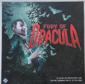 Board game cover for "Fury of Dracula" featuring a stylized image of Dracula with bats, with text describing it as a game of deduction and gothic horror for 2–5 players.